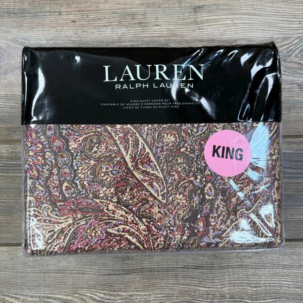 Ralph Lauren Hallie King Duvet Cover Set Tan Burgundy Paisley 3pc Cotton New